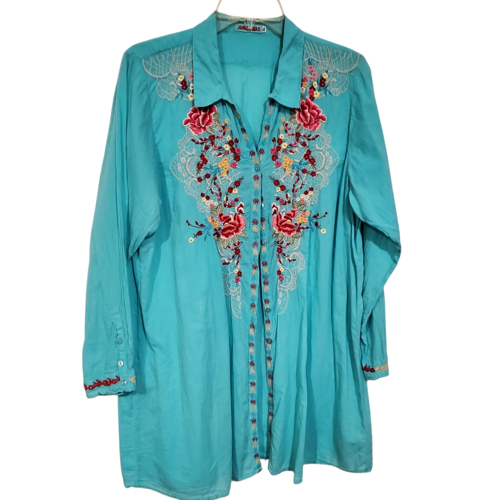 Johnny Was XL Teal Floral Embroidered Long V-neck Button Down Shirt